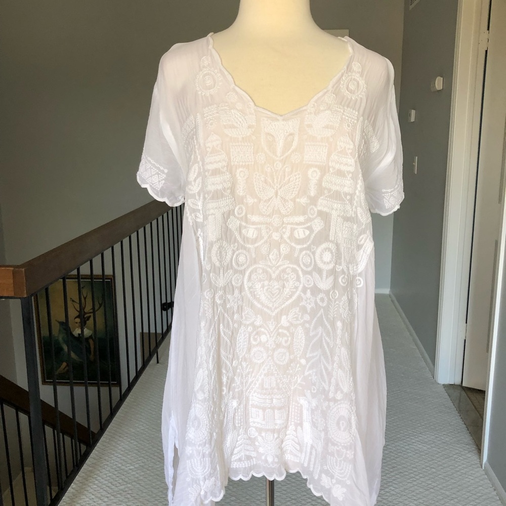 Johnny Was white rayon tunic blouse top L